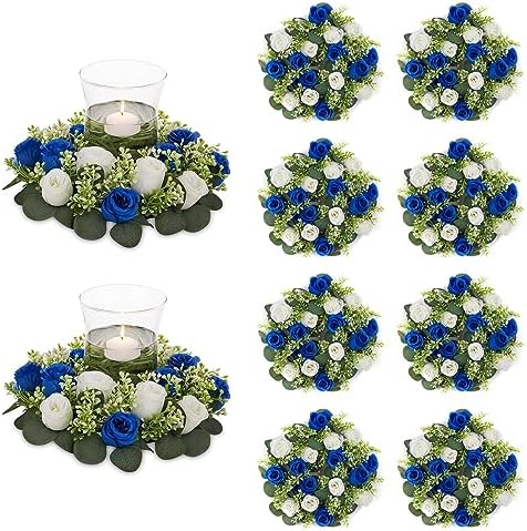 NUPTIO Flower Wedding Centerpieces for Tables: 10 Pcs 14 inch Diam Large Royal Blue & White Artificial Flowers Fake Roses Candle Rings Wreaths Spring Summer Wreath for Front Door Weddings Party by Nuptio