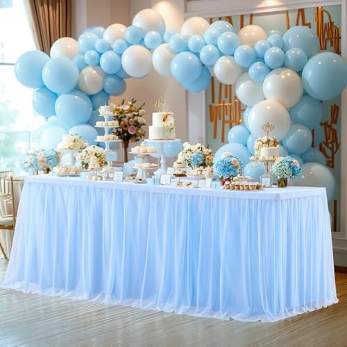 Baby Blue Table Cloth for 8 Foot Rectangle Tables, Stretch Fitted Tulle Table Covers Skirt, Rectangular Ruffle Tutu Tablecloth Wedding Baby Shower Baby Shower Cake Tablecloths Decorations by Tao-GePartyDecorations