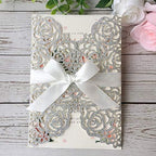 20PCS 5.12 x 7.28'' Silver Wedding Invitations Cards With Bowknot Laser Cut Rose Flowers invitation kit For Bridal Shower Engagement Wedding Invite (Silver Glitter) - Image 5