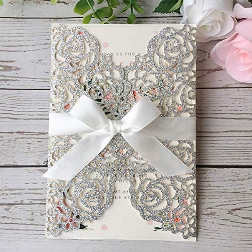 20PCS 5.12 x 7.28'' Silver Wedding Invitations Cards With Bowknot Laser Cut Rose Flowers invitation kit For Bridal Shower Engagement Wedding Invite (Silver Glitter) - Image 5