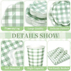 175pcs Gingham Party 25 Piece Dinnerware Set Sage Green Gingham Paper Plates and Napkins Knives Spoons Forks Cups Disposable Party Utensils for Baby Shower Birthday Picnic Wedding - Image 3