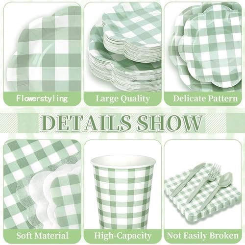 175pcs Gingham Party 25 Piece Dinnerware Set Sage Green Gingham Paper Plates and Napkins Knives Spoons Forks Cups Disposable Party Utensils for Baby Shower Birthday Picnic Wedding - Image 3