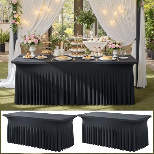2 Pack Black Spandex Tablecloth 6ft with Ruffled Skirt,Wrinkle Free High Stretch Fitted Tablecloths for 6 Foot Rectangle Tables,Pleated Elastic Spandex Table Covers 6ft for Parties Wedding Banquet by ENJOYYOURPARTY