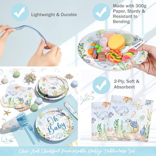 Hombae Sea You Soon Baby Shower Decorations – 177 PCs Under the Sea Baby Shower Party Supplies with Plates Hanging Swirls Banner Tablecloth Cake Topper Cupcake Toppers Cups Forks Straws Napkins - Image 3