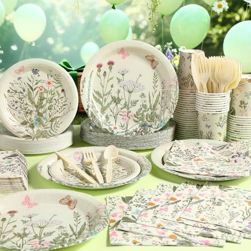 400 Pcs Wild Floral Disposable Paper Plates Napkins Cups Serve 50 Watercolor Floral Tableware Set for Spring Wedding Tea Party Decoration Bridal Baby Shower(Vintage Color, Classic Style) - Image 4