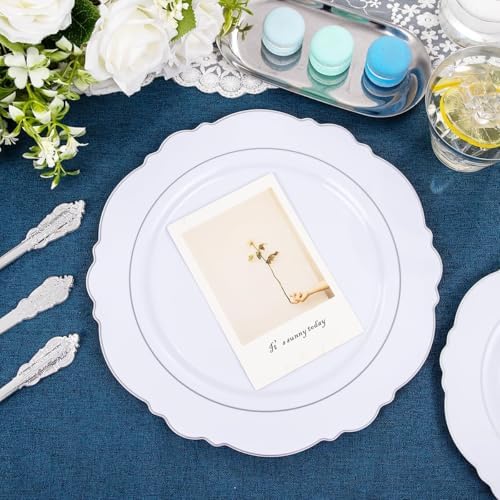 Liacere 350PCS Silver Plastic Plates-Disposable White and Silver Plates 50guest Baroque Plastic Dinnerware Set include 100Plates, 50Pack Pre Rolled Napkins with Silverware 50Cups Perfect for Wedding - Image 4