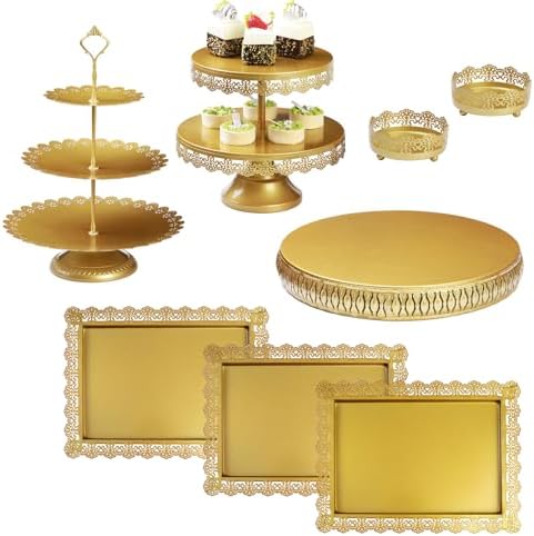 8Pcs Metal Cake Stand Set with 14 inch Round Cake Stand for Large Cakes, 2-Tier & 3-Tier Dessert Stands, Lace Edge Serving Trays – Display for Wedding, Birthday, Party(Gold) by CakeStand