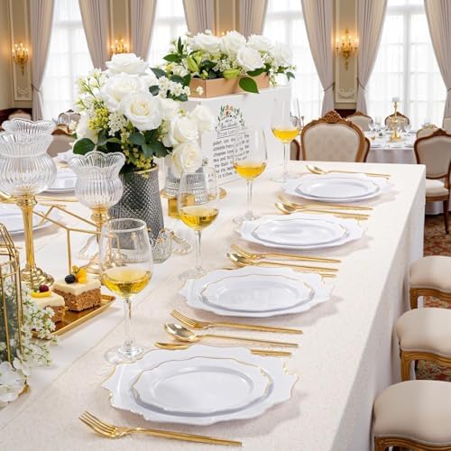 WDF 200PCS White and Gold Plastic Plates - Gold Plastic Plates - Include 100 Dinner & 100 Dessert Disposable Party Plate - Fancy Disposable Plate for Wedding/Baby Shower/Spring (Pack of 2) - Image 2