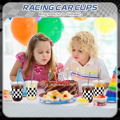 LemonRoad 50sets 16oz Checkered Cups Race Car Birthday Party Decorations Supplies Plastic Cups Disposable with Lids and Straws for Racing Themed Party Christmas Birthday Wedding Baby Shower Decoration - Image 5