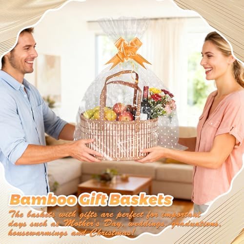 LuxDuo Father's Day 4 Set Foldable Baskets for Gifts Empty, Large Reusable Woven Bamboo Gift Basket Kit with Handle Wrap Bag Gold Bow for Mother's Day Baby Shower Birthday Wrapping, 12 Gift Cards - Image 6