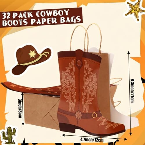 Mooliwe 32 Pcs Cowboy Cowgirl Boots Paper Bags Western Theme Kraft Gift Bag with Handles Candy Goodie Treat Grocery for Favors Wild West Birthday Rodeo Bachelorette Baby Shower Party Supplies (Brown) - Image 3