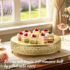 14 Inch Luxury Gold Cake Stand, Round Metal Dessert Display with Ornate Filigree Lace, Dual‑Coated Premium Finish for Wedding, Anniversary & Elegant Home Decor - Image 7