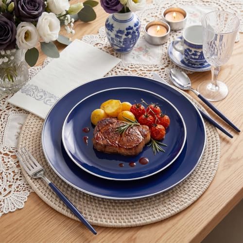 KIRE 175Pcs Blue Plastic Plates with Silver Rim & Disposable Silverware with Blue Handle & Silver-rim Cups & Hand Napkin & Plastic Dinnerware for Parties/Wedding - Image 5