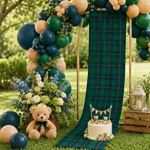 6 PCS 70.87 x 11.81nchs Tartan Plaid Bear Baby Shower Table Runner Green and Blue Tartan Plaid Table Runner for Baby Shower Theme Party Vintage Party Supply Dining Room Home Kitchen Decorations - Image 5