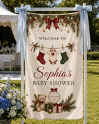 Welcome To Holiday Winter Teddy Bear Baby Shower Satin Fabric Welcome Banner by Custom