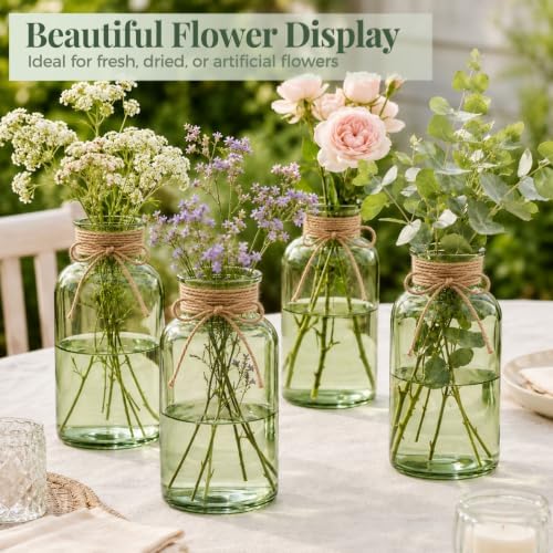 TBWIND Vintage Glass Flower Vase, 6PCS Farmhouse Green Mason Jar Vases - Image 6