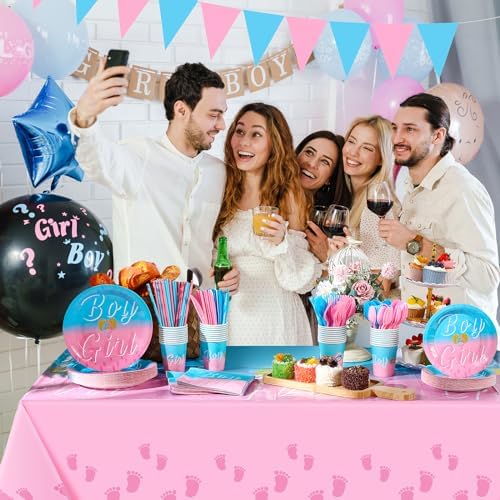 Hushee 291 Pcs Gender Reveal Party Supplies Boy or Girl Disposable Tableware Set for 36, Flatware Paper Plates Napkin Cups Straws Pink Blue Pennant Banner Plastic Tablecloth for Baby Shower Decoration - Image 7