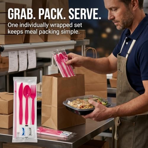 KitchenDine Pink Plastic Silverware Individually Wrapped — 100 Pack Heavy Duty Disposable Cutlery Set with Napkin, Fork, Knife, Spoon — Wrapped Utensils for Baby Shower, Birthday Party, Wedding, To Go - Image 4