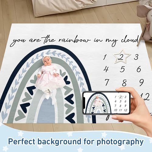 Personalized Baby Monthly Milestone Blanket Boy or Girl - Rainbow Months Blanket with Wood Frame and Newborn Wooden Sign - Growth Chart Milestone Blanket 1-12 Month Milestones(FixedSize) - Image 2