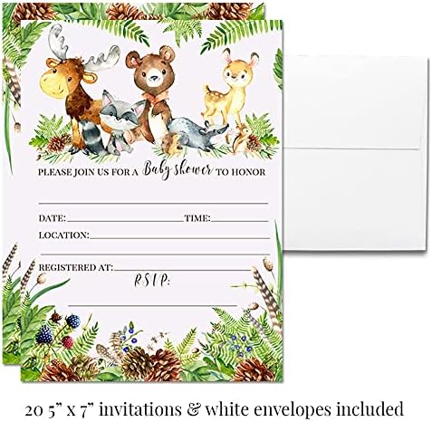Amanda Creation Woodland Baby Shower Invitations & Party Bundle, 20 Pack 5x7 Woodland Animal Invites with White Envelopes, Diaper Raffle, Book Cards, Stickers & Wrappers - Image 4