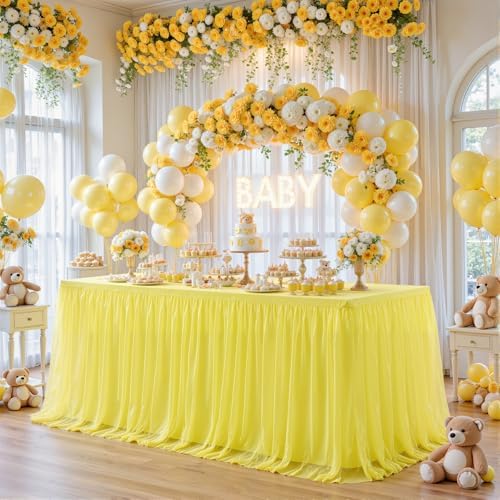 2 Pack Yellow Tulle Tablecloth for 8 Foot Rectangular Tables 8ft Yellow Rectangle Table Cloths Wrinkle Free Table Cover with Tutu Skirt for Birthday Cocktail Banquet Buffet Lemon Fruit Party Decor - Image 4