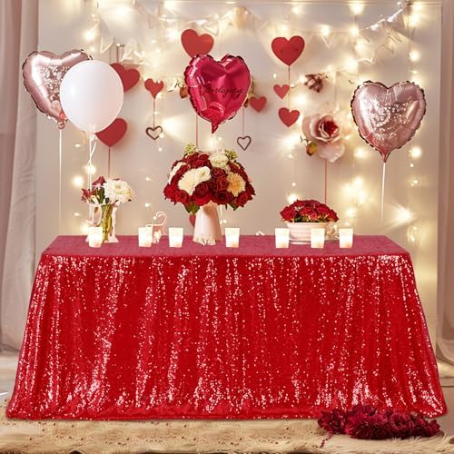 Poise3EHome Red Sequin Tablecloth 90×156 Inch Rectangle Sparkly Fabric Table Cloth for Birthday Wedding Christmas Party Holiday Baby Shower Decoration by Poise3EHome