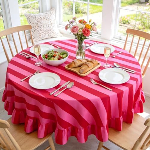 JarThenaAMCS Ruffle Tablecloth Boho Pink Red Striped Table Cloth Round Decorative Table Cover for Home Kitchen Baby Shower Party Wedding Decor, 70 Inch - Image 7
