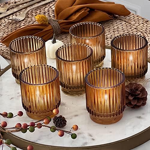 Kate Aspen 24PCS Vintage Ribbed Amber Glass Tealight & Votive Candle Holders, Fall Decor, Boho Decor, Shelf Decoration for Wedding, Bachelorette, Bridal Shower & Anniversary by KateAspen