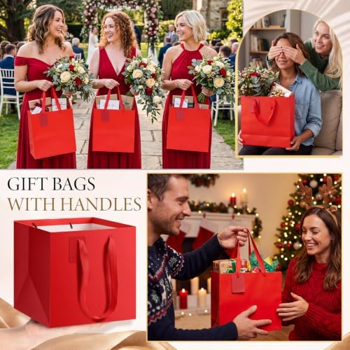 Windyun 50 Pcs Square Paper Gift Bags with Handle 10 x 10 x 10'' Large Favor Bag with DIY Thank You Tag for Wedding Christmas Bridal Shower Bridesmaid Birthday Party (Red) - Image 7