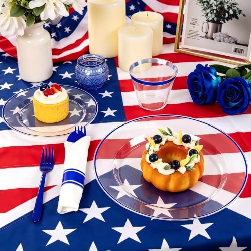 SUT 175 Pcs Blue and Clear Plastic Dinnerware Set for 25 Guests, Include: 25 Dinner Plates, 25 Dessert Plates, 25 Pre Rolled Napkins With Silverware, 25 Cups, Disposable Plates for Party, Wedding - Image 4