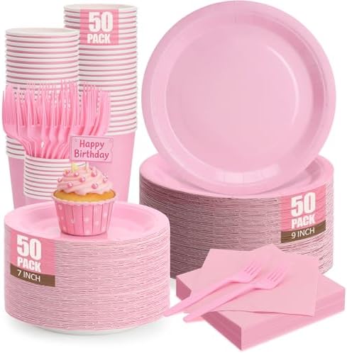 Light Pink Plates and Napkins Include 9’’Disposable Burgundy Paper Plate, 7’’Dessert Plates and Cups and Napkins Forks Set for Baby Showers, Birthday, Wedding, Serves 50 by CENLBJ