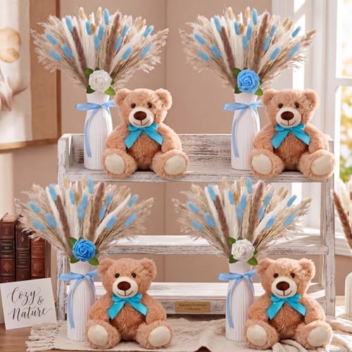 4 Sets 125 Pcs Bear Baby Shower Table Centerpiece with Bear Stuffed Animals Blue Dried Pampas Grass Artificial Flower Plastic Vase for Boho Wedding Bridal Reveal Birthday Baby Shower Decor - Image 5