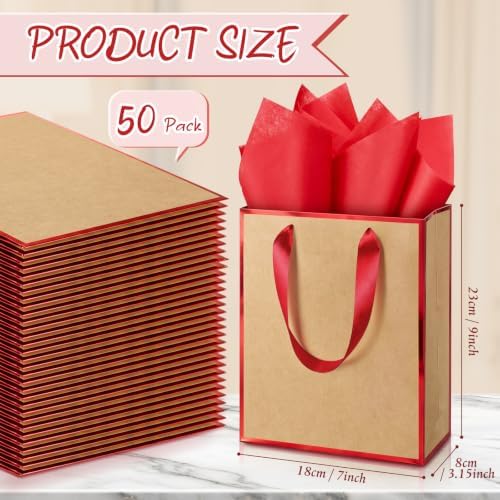 Yeaqee 50 Pack Metallic Paper Gift Bag Bulk with Handle, Kraft, Red - Image 2