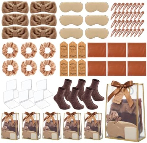 54 Pcs Baby Shower Prizes for Winners Prizes Gifts 6 Sets with Headbands Eye Masks Mirrors Hair Ties Hair Clips Socks Storage Bags Thank Card Gift Bag for Baby Shower Party Wedding(Brown) by Hillsuren