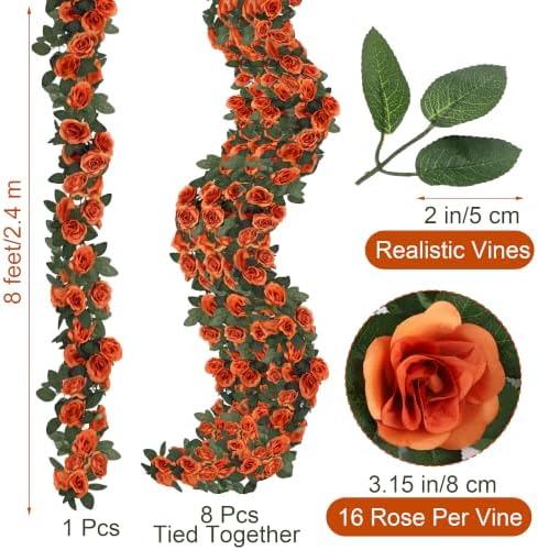 Aneco 8 Pack 64 FT Terracotta Flower Garland Fall Artificial Rose Vines Roses Fake Vine Flowers Plants Party Supplies for Fall Holiday Wedding Garden Craft Art Decoration - Image 2