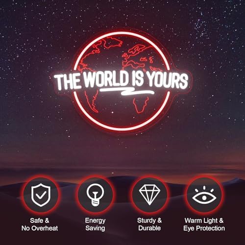 The World Is Yours Neon Sign Carved Planet Adjustable Brightness USB Powered LED Neon Signs for Wall Decor Light Up Signs for Bedroom Classroom Office Man Cave Game Room 41cm*31cm - Image 4