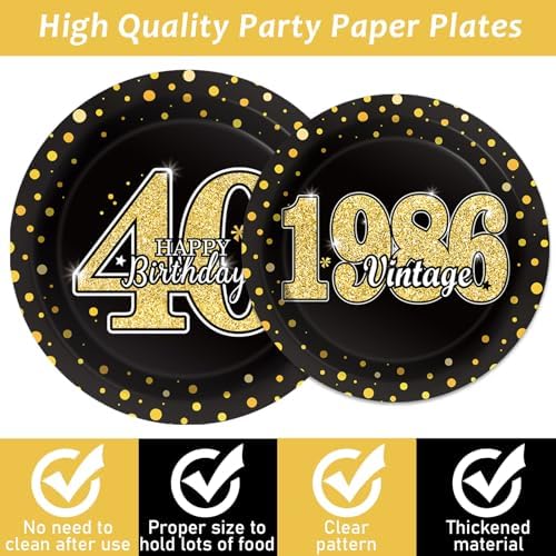40th Theme Bithday Party Tableware Vintage 1986 Party Supplies 40 Year Old Birthday Decorations Plates Napkins Forks Black and Gold Dinnerware Favors for Men or Women - Image 3