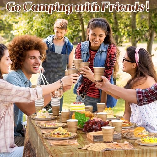 Funnymoom 452 Pcs Camping Wood Grain Party Decorations Rustic Wood Disposable Paper Plates Napkins Cups Tablecloth Cutlery Straws for Forest Themed Party Decorations Hunting Birthday Supplies - Image 4