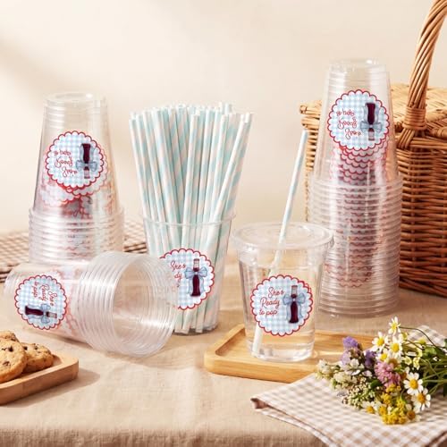 Willinglong 50pcs She's Ready to Pop Baby Shower 12 oz Plastic Cups (Blue) - Image 2