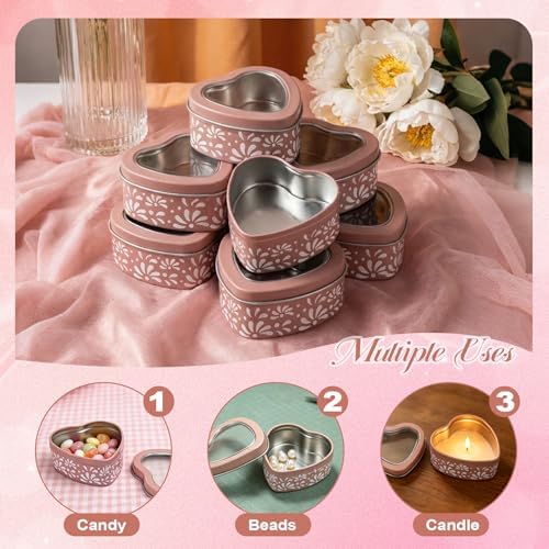 48 Pcs Pink Mexican Heart Shaped Tins with Clear Lids Organza Bags Thanks Cards De Barro Mexicanos Empty Candle Candy Boxes Cielito Lindo Party Decorations for Wedding Gifts Fiesta Party Favors - Image 3
