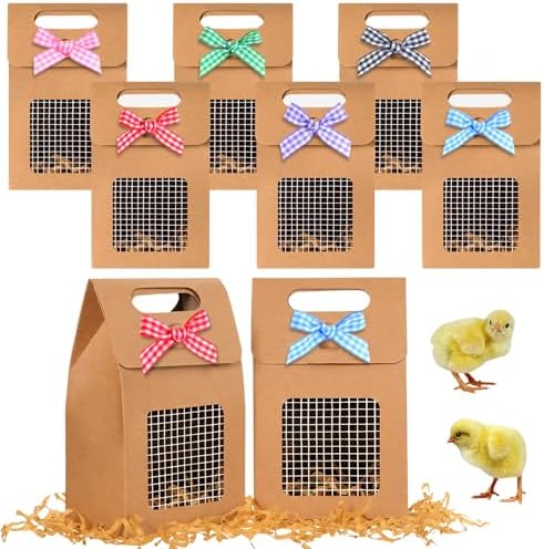 Maitys 36 Pcs Chicken Birthday Party Favor Boxes Farm Animal Foldable Chicken Box with Raffia Grass Bow Paper Treat Goodie Boxes for Adopt Chick Party Birthday, 5.91'' X 3.94'' X 2.36'', Retro by Maitys