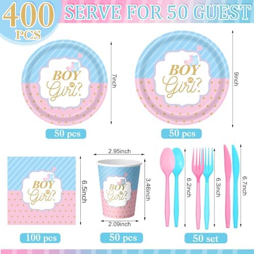 Pickmesh 400 Pcs Gender Reveal Party Supplies Paper Plates Napkins Serve 50 - Image 3