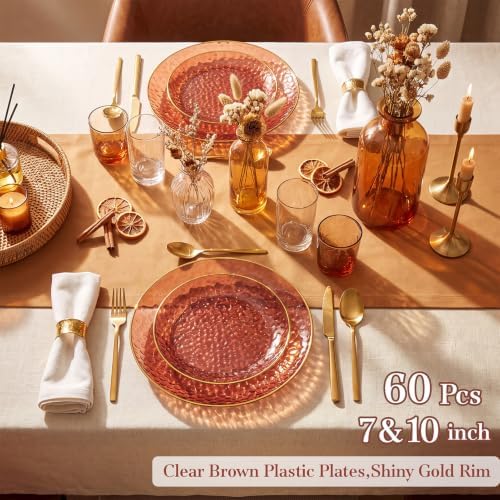 Rubtlamp 60Pcs Amber Plastic Plates - Brown Disposable Plates With Gold Rim, Clear Heavy-duty Party Plates, Hammered Plates Include 30 Dessert Platos, 30 Dinner Platos for Party - Image 5