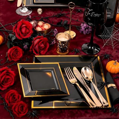 Liacere 100PCS Black and Gold Square Plastic Plates-50PCS Dinner Plate and 50PCS Dessert Plate-Durable Fancy Disposable Plates for Party & Halloween - Image 6