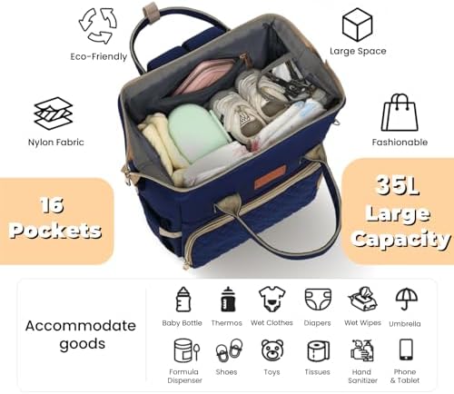 ROSEGIN Diaper Bag Backpack with Changing Pad, Pacifier Case, Baby Bag for Boy Girl Toddler - Large, Stylish, Waterproof Travel Quilted Diaper Bag for Mom - Baby Shower - Navy Blue - Image 2