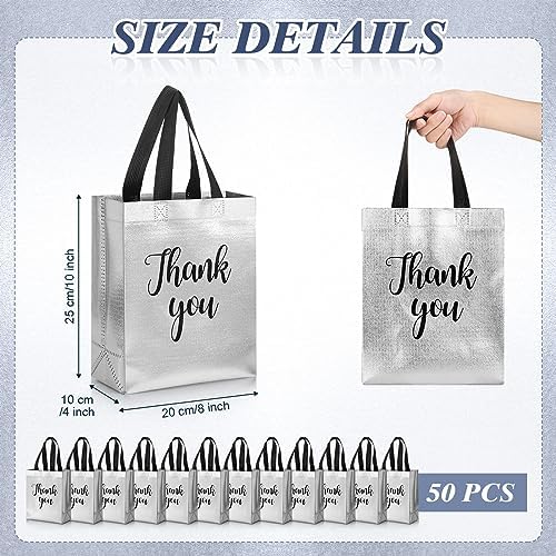Fumete 50 Pcs Silver Glossy Thank You Gift Bag with Handles - Image 2