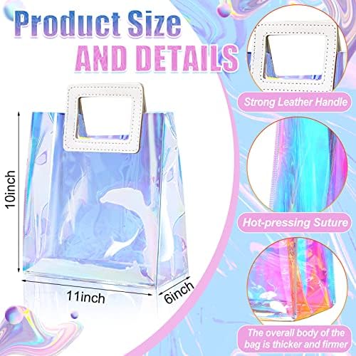 Cindeer 20 Pack Iridescent Beach Bag with Handles Iridescent Gift Bags Holographic Tote Bag Goodie Clear PVC Gift Wrap for Party Birthday Wedding Baby Shower Bridal Party Favor(11 x 10 x 6 Inch) - Image 3