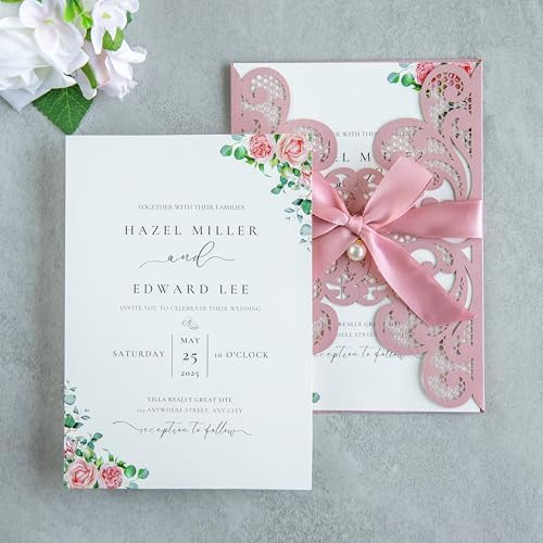 20Pcs Personalized Wedding Invitation, Customized Dusty Rose Laser Cut Invitation Cards With Envelopes Rhinestone Pearls and Ribbons For Wedding XV Anos Quinceanera Invitation by FEIYI