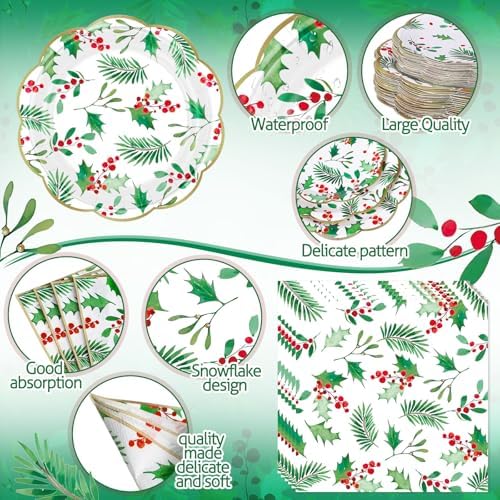 Funnymoom 452 Pcs Christmas Party Supplies for 50 Guest, Holly Berry Leaves Holiday Xmas Paper Plates Napkins Cups Tablecloth Cutlery Straws Disposable Tableware for Merry Christmas Party Decorations - Image 3