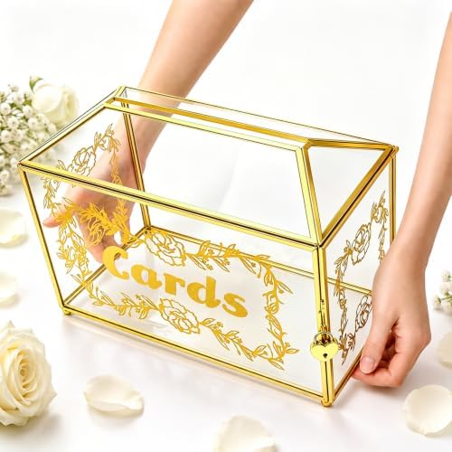 Large Wedding Card Box with Lock & Slot, House-shaped Gold Glass Box, Vintage Gift Brass Envelope Holder for Reception, Graduation, Baby Shower, Birthday, 12.5"x 5.9" x 8.8" - Image 6